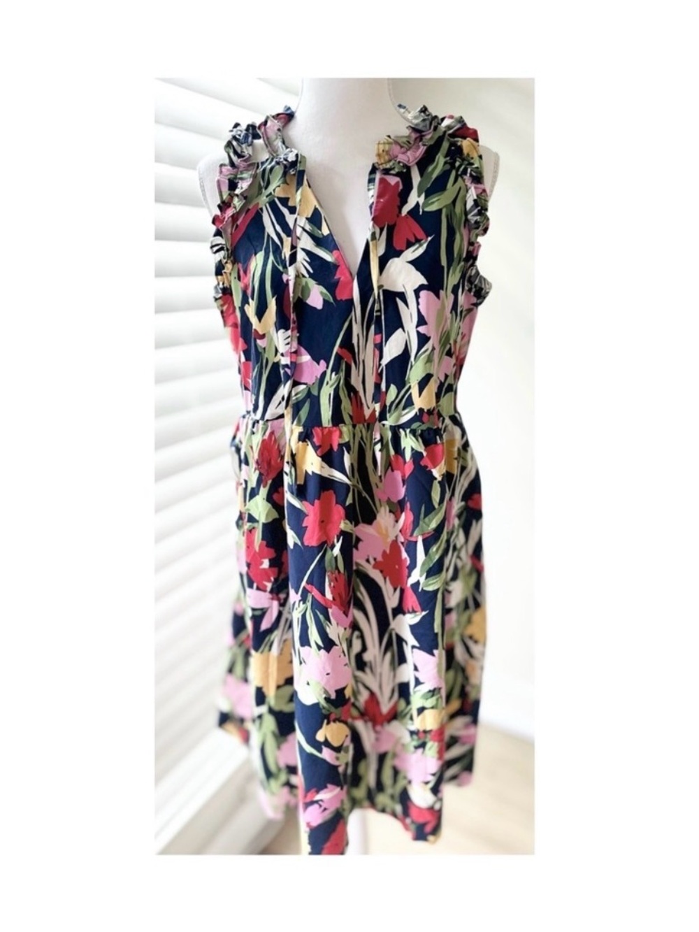 Maggy London Navy Floral Ruffle V-Neck Mini Dress
